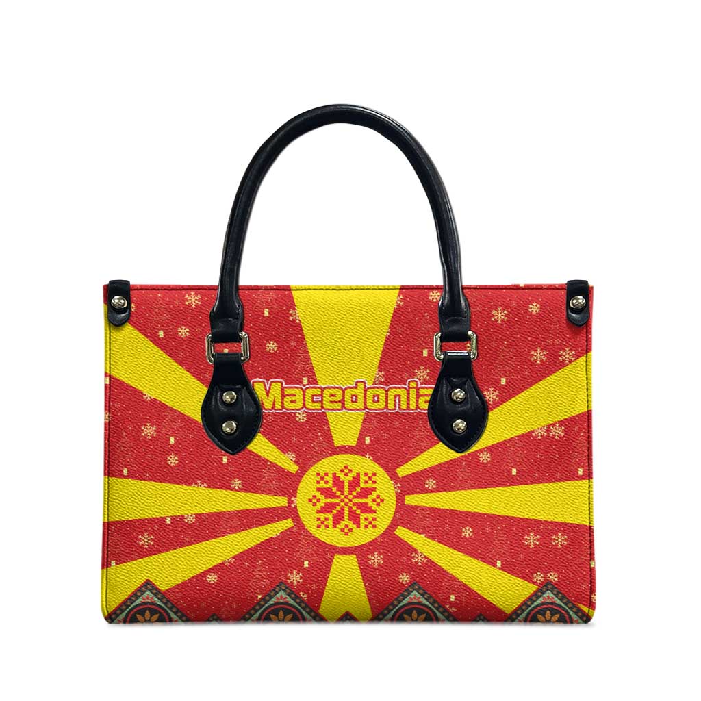 Macedonia Christmas Leather Bag with Yellow Sun, Santa, and Festive Tree Motif - Wonder Print Shop