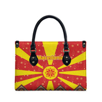 Macedonia Christmas Leather Bag with Yellow Sun, Santa, and Festive Tree Motif - Wonder Print Shop