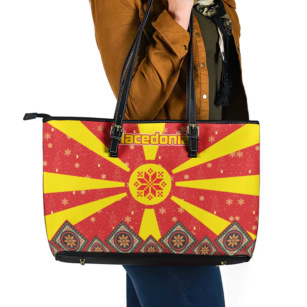 Macedonia Christmas Leather Tote Bag with Yellow Sun, Santa, and Festive Tree Motif - Wonder Print Shop