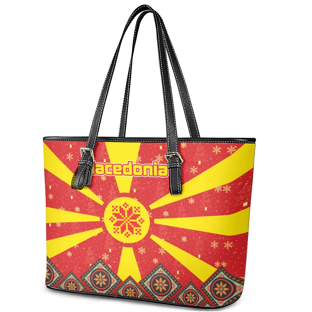 Macedonia Christmas Leather Tote Bag with Yellow Sun, Santa, and Festive Tree Motif - Wonder Print Shop