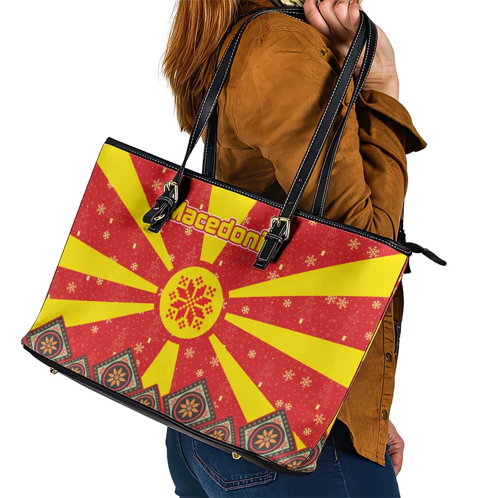 Macedonia Christmas Leather Tote Bag with Yellow Sun, Santa, and Festive Tree Motif - Wonder Print Shop