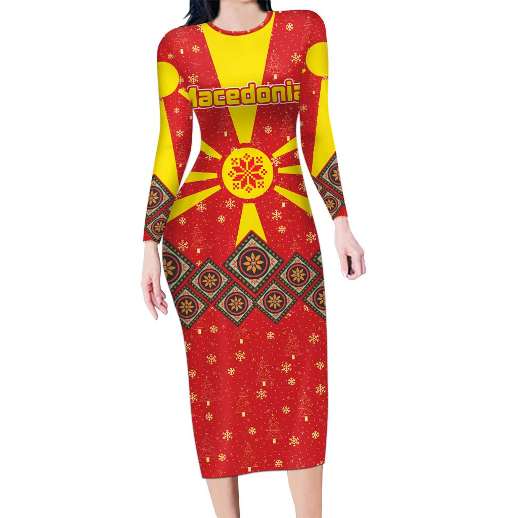 Macedonia Christmas Long Sleeve Bodycon Dress with Yellow Sun, Santa, and Festive Tree Motif - Wonder Print Shop