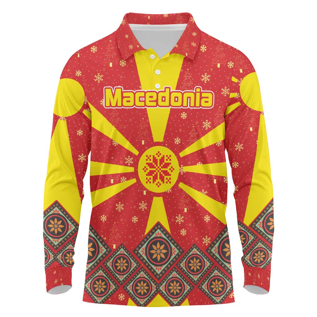 Macedonia Christmas Long Sleeve Polo Shirt with Yellow Sun, Santa, and Festive Tree Motif - Wonder Print Shop