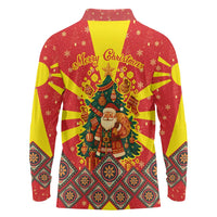 Macedonia Christmas Long Sleeve Polo Shirt with Yellow Sun, Santa, and Festive Tree Motif - Wonder Print Shop