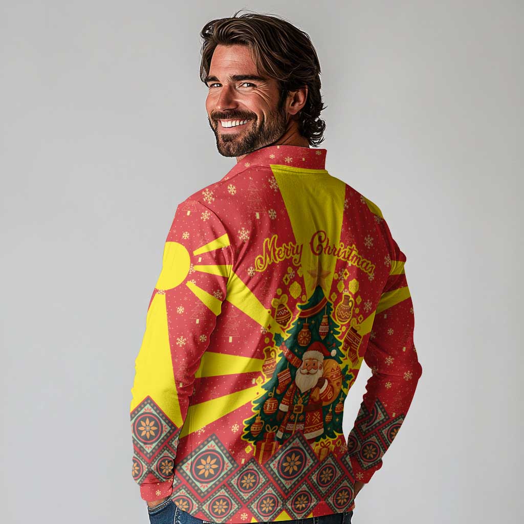 Macedonia Christmas Long Sleeve Polo Shirt with Yellow Sun, Santa, and Festive Tree Motif - Wonder Print Shop