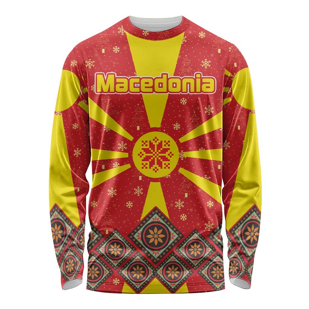Macedonia Christmas Long Sleeve Shirt with Yellow Sun, Santa, and Festive Tree Motif - Wonder Print Shop