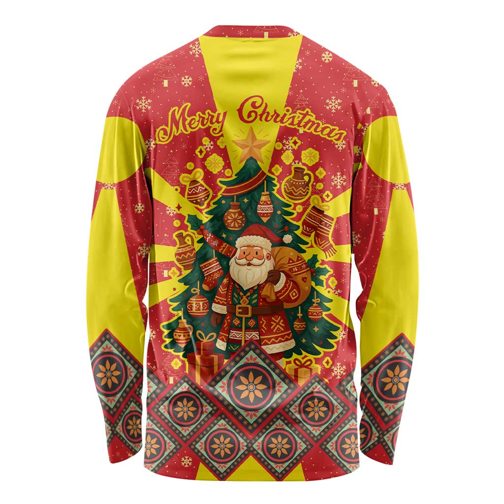 Macedonia Christmas Long Sleeve Shirt with Yellow Sun, Santa, and Festive Tree Motif - Wonder Print Shop