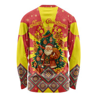 Macedonia Christmas Long Sleeve Shirt with Yellow Sun, Santa, and Festive Tree Motif - Wonder Print Shop