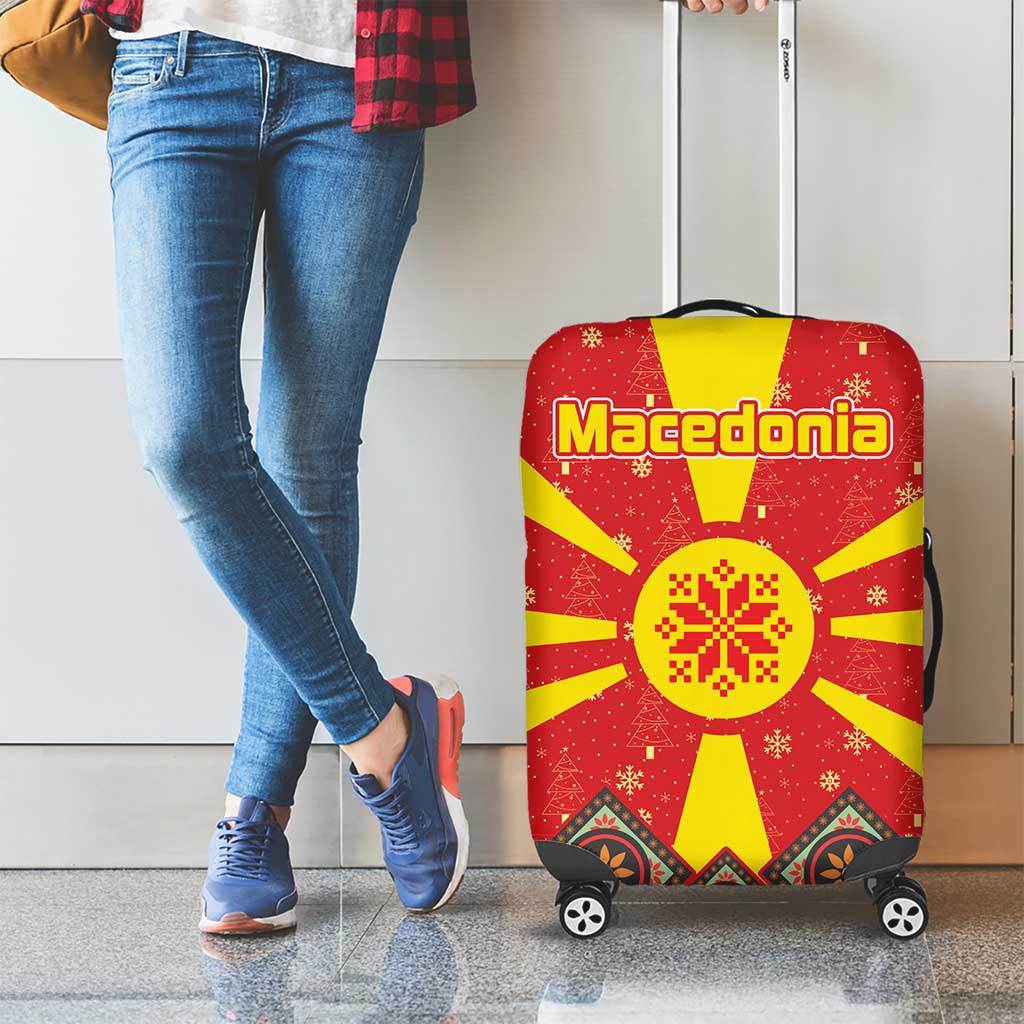 Macedonia Christmas Luggage Cover with Yellow Sun, Santa, and Festive Tree Motif - Wonder Print Shop