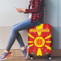 Macedonia Christmas Luggage Cover with Yellow Sun, Santa, and Festive Tree Motif - Wonder Print Shop
