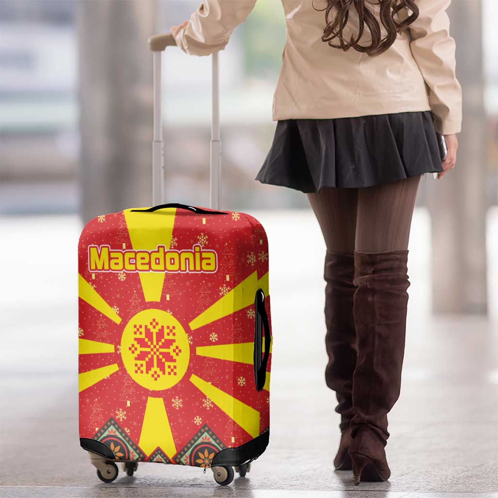 Macedonia Christmas Luggage Cover with Yellow Sun, Santa, and Festive Tree Motif - Wonder Print Shop