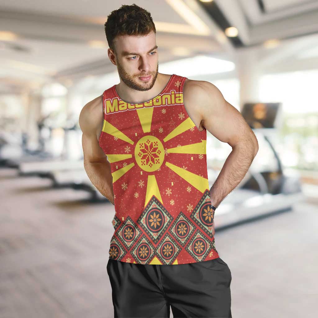 Macedonia Christmas Men Tank Top with Yellow Sun, Santa, and Festive Tree Motif - Wonder Print Shop