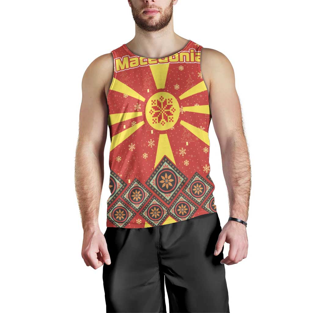 Macedonia Christmas Men Tank Top with Yellow Sun, Santa, and Festive Tree Motif - Wonder Print Shop