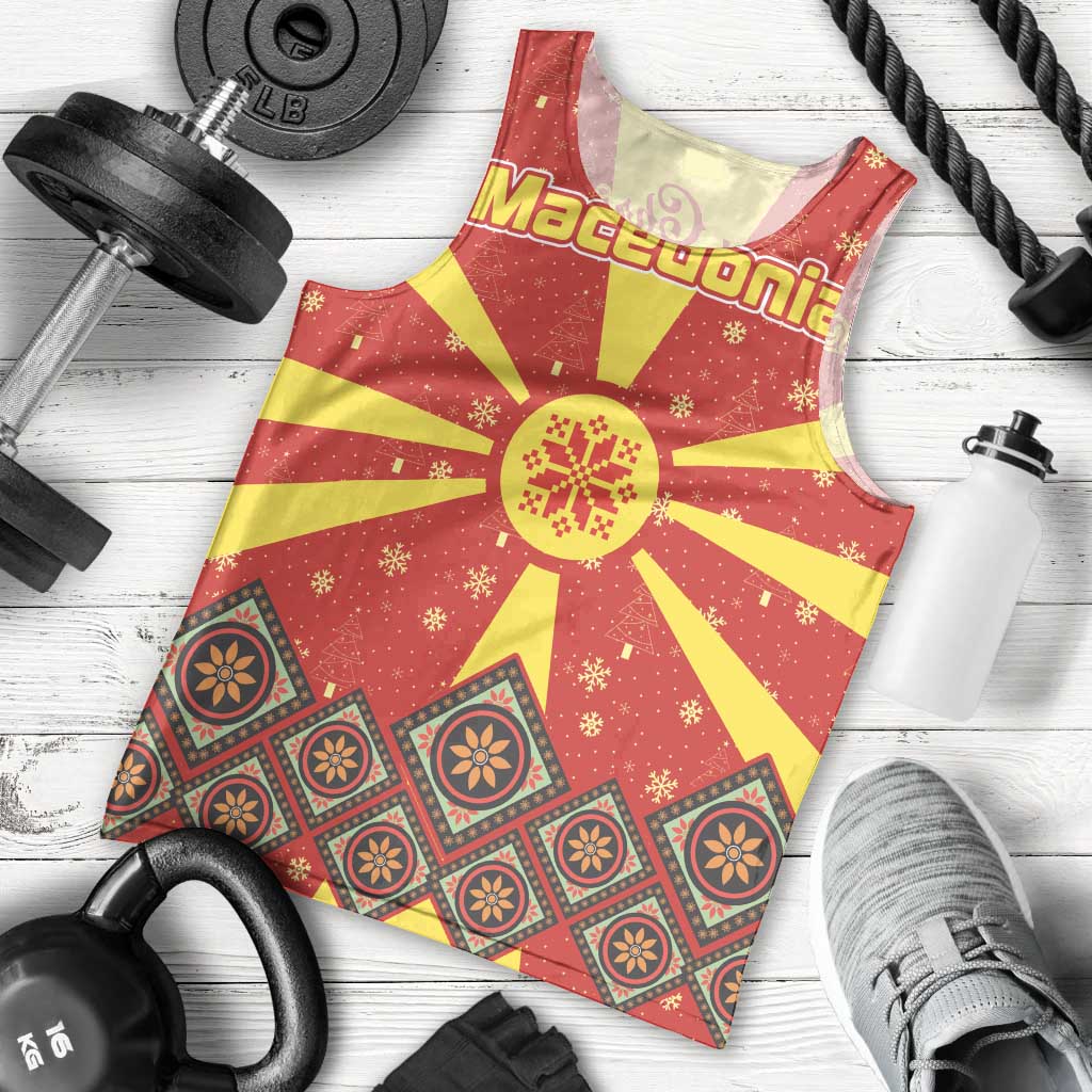 Macedonia Christmas Men Tank Top with Yellow Sun, Santa, and Festive Tree Motif - Wonder Print Shop