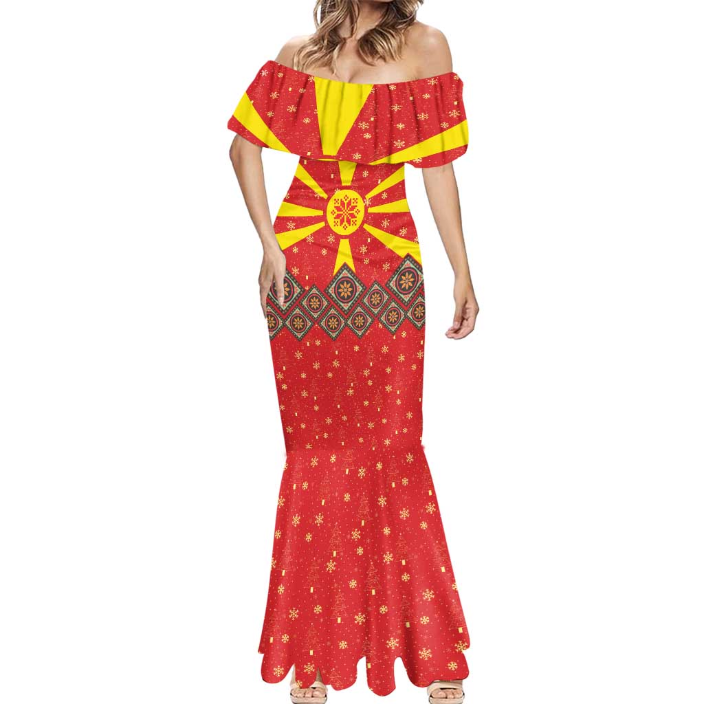 Macedonia Christmas Mermaid Dress with Yellow Sun, Santa, and Festive Tree Motif - Wonder Print Shop