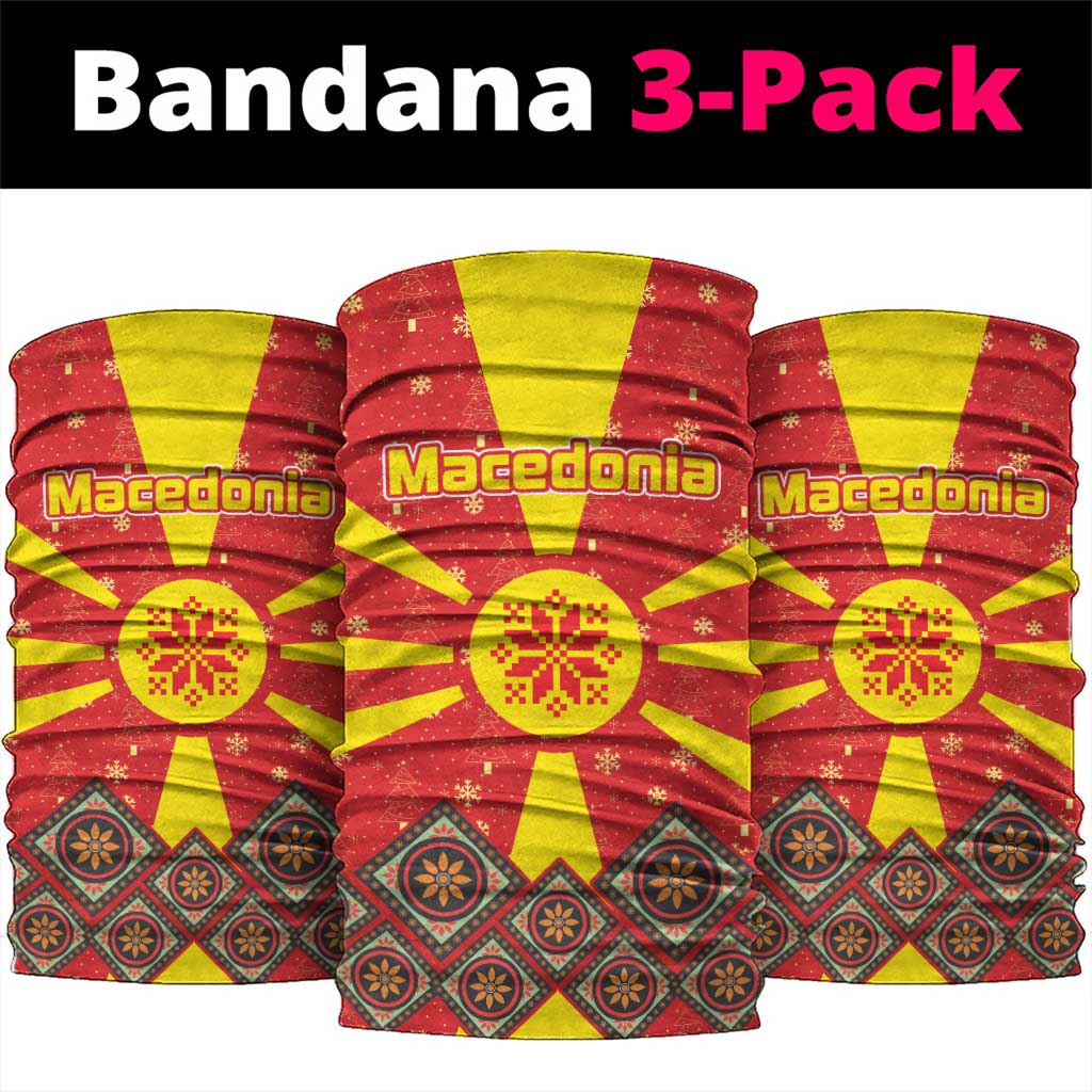 Macedonia Christmas Neck Gaiter with Yellow Sun, Santa, and Festive Tree Motif - Wonder Print Shop