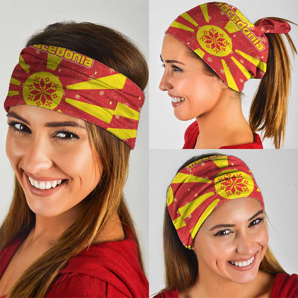 Macedonia Christmas Neck Gaiter with Yellow Sun, Santa, and Festive Tree Motif - Wonder Print Shop