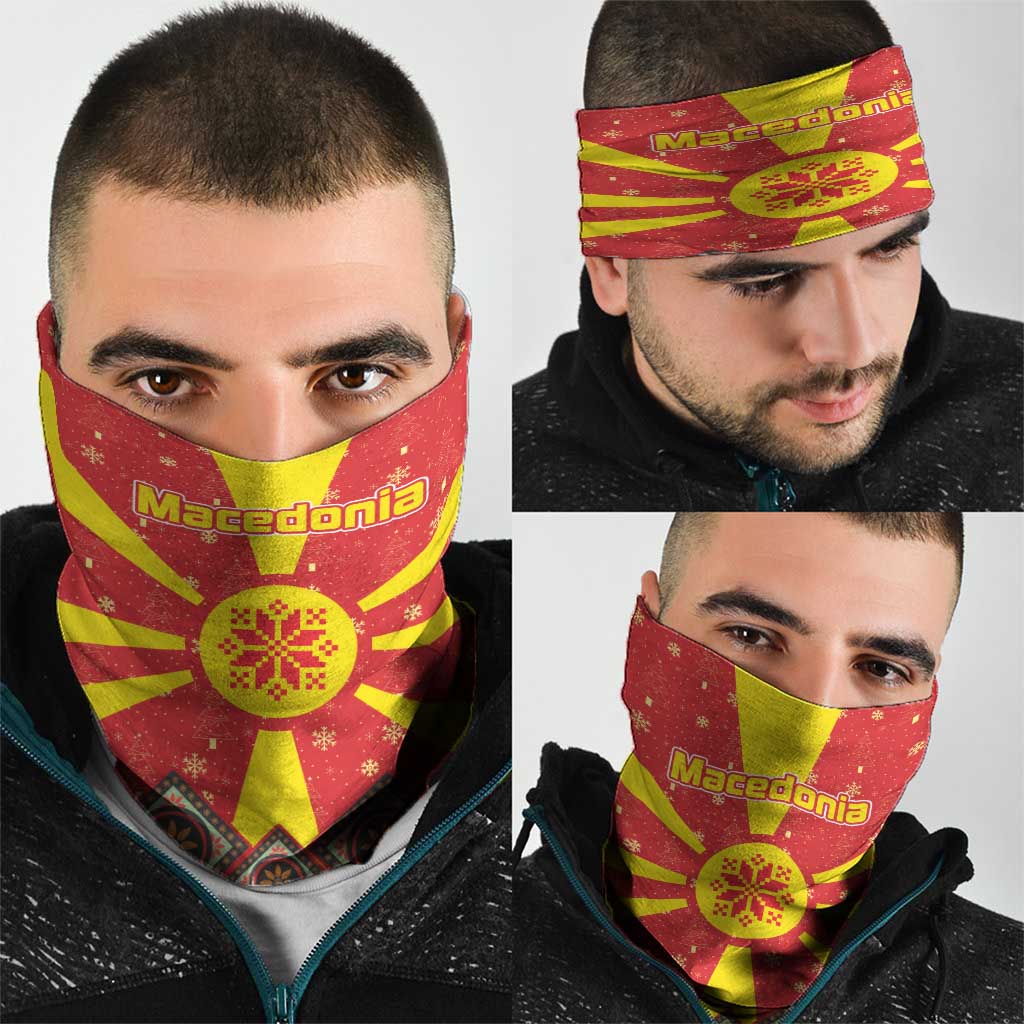 Macedonia Christmas Neck Gaiter with Yellow Sun, Santa, and Festive Tree Motif - Wonder Print Shop