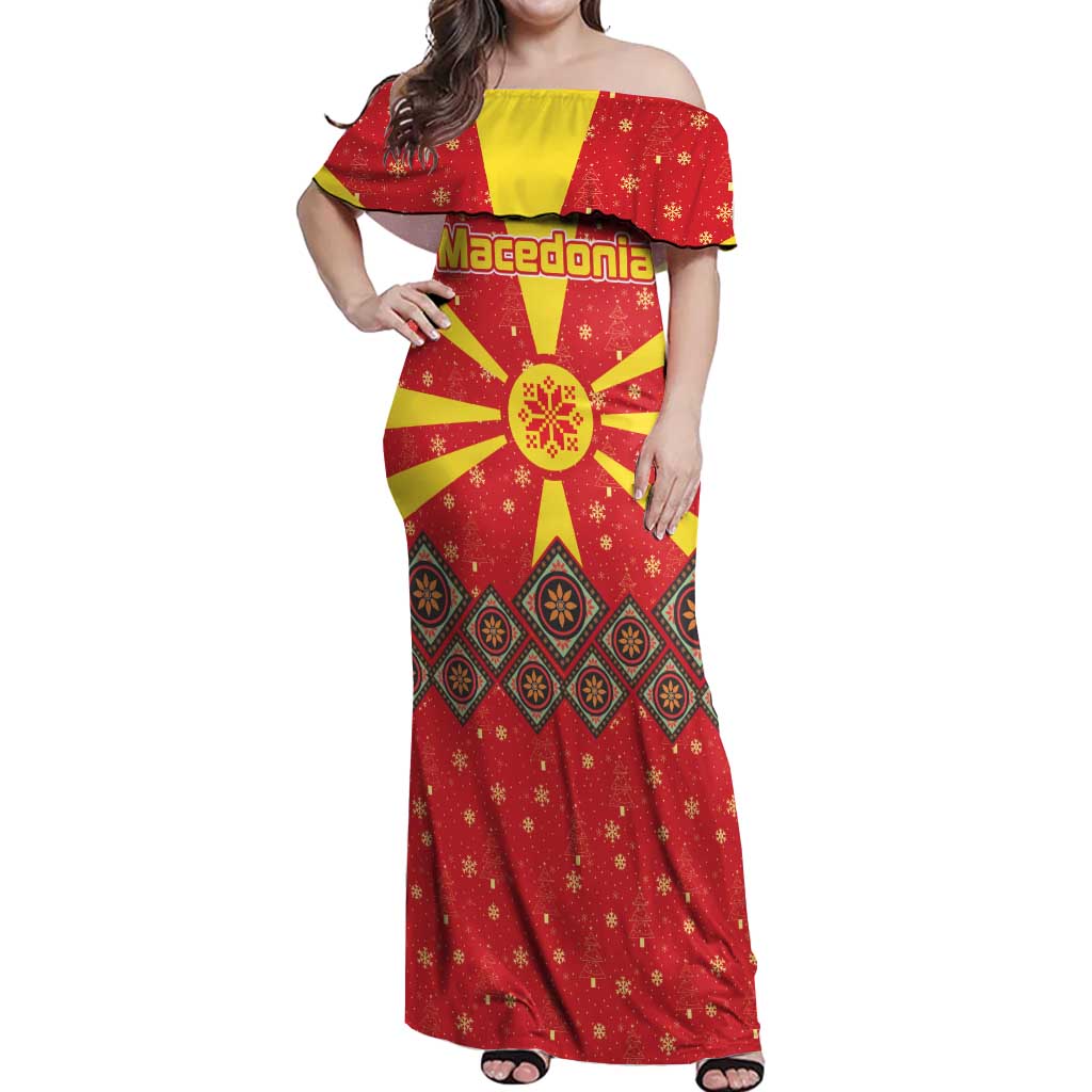 Macedonia Christmas Off Shoulder Maxi Dress with Yellow Sun, Santa, and Festive Tree Motif - Wonder Print Shop