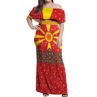 Macedonia Christmas Off Shoulder Maxi Dress with Yellow Sun, Santa, and Festive Tree Motif - Wonder Print Shop