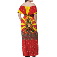 Macedonia Christmas Off Shoulder Maxi Dress with Yellow Sun, Santa, and Festive Tree Motif - Wonder Print Shop