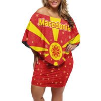 Macedonia Christmas Off Shoulder Short Dress with Yellow Sun, Santa, and Festive Tree Motif - Wonder Print Shop