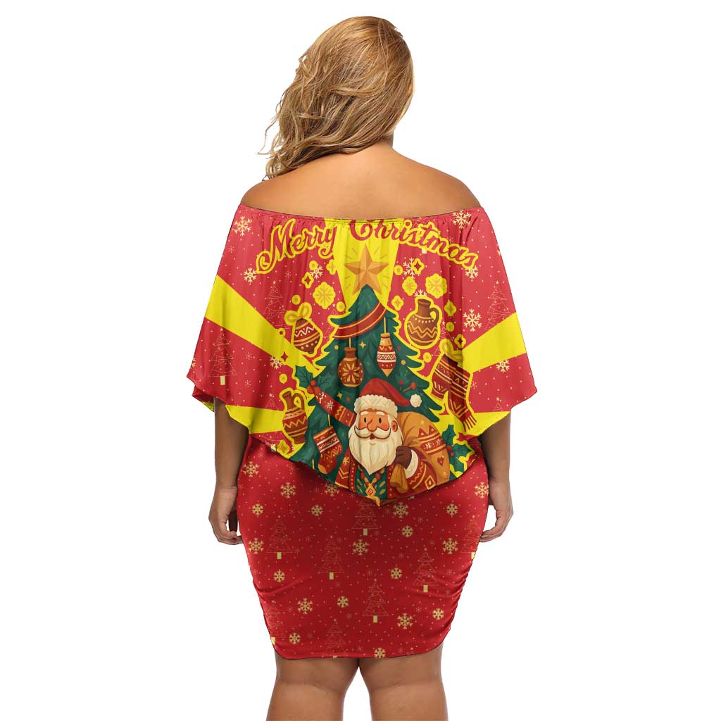 Macedonia Christmas Off Shoulder Short Dress with Yellow Sun, Santa, and Festive Tree Motif - Wonder Print Shop