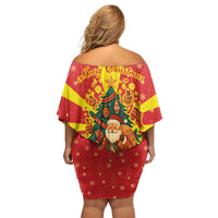 Macedonia Christmas Off Shoulder Short Dress with Yellow Sun, Santa, and Festive Tree Motif - Wonder Print Shop