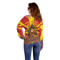 Macedonia Christmas Off Shoulder Sweater with Yellow Sun, Santa, and Festive Tree Motif - Wonder Print Shop