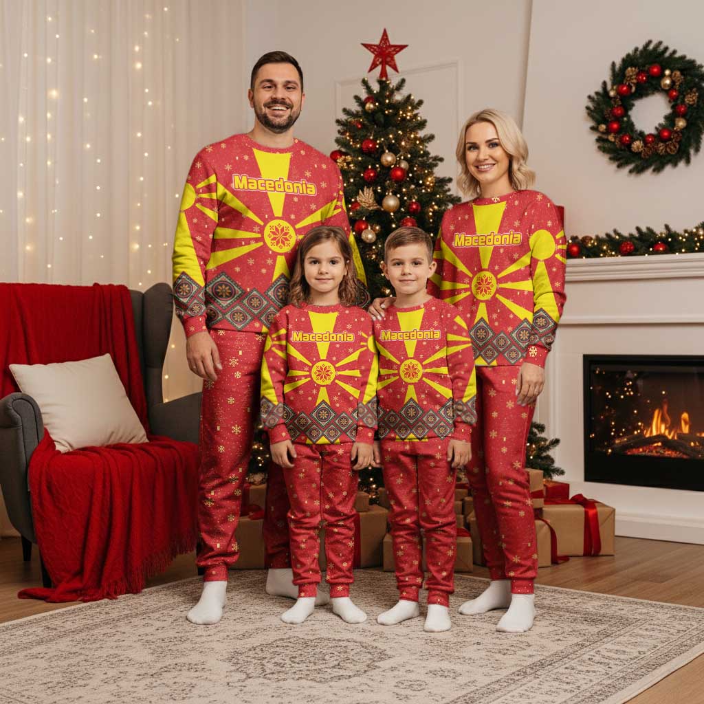 Macedonia Christmas Pajama Set with Yellow Sun, Santa, and Festive Tree Motif - Wonder Print Shop