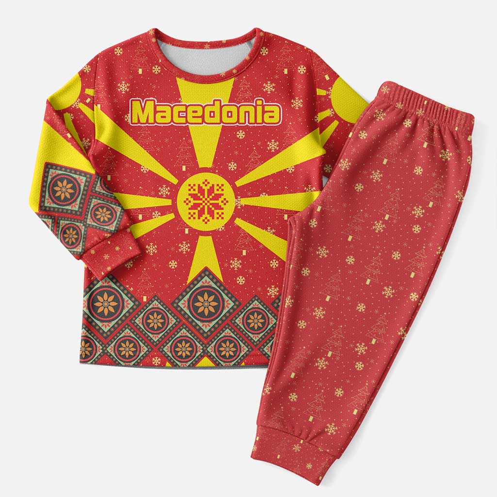 Macedonia Christmas Pajama Set with Yellow Sun, Santa, and Festive Tree Motif - Wonder Print Shop