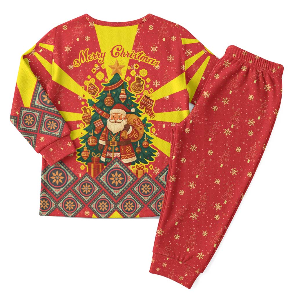 Macedonia Christmas Pajama Set with Yellow Sun, Santa, and Festive Tree Motif - Wonder Print Shop