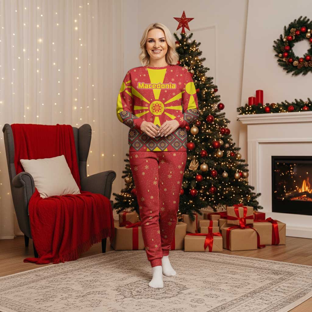 Macedonia Christmas Pajama Set with Yellow Sun, Santa, and Festive Tree Motif - Wonder Print Shop