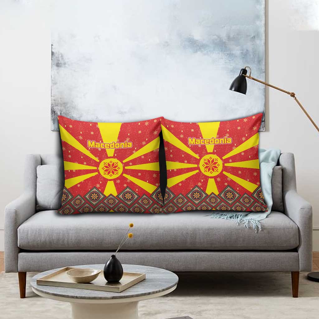 Macedonia Christmas Pillow Cover with Yellow Sun, Santa, and Festive Tree Motif - Wonder Print Shop