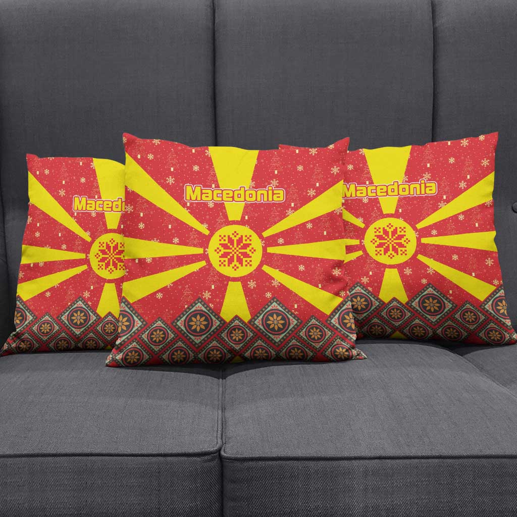 Macedonia Christmas Pillow Cover with Yellow Sun, Santa, and Festive Tree Motif - Wonder Print Shop