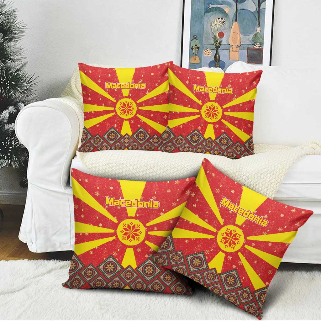 Macedonia Christmas Pillow Cover with Yellow Sun, Santa, and Festive Tree Motif - Wonder Print Shop