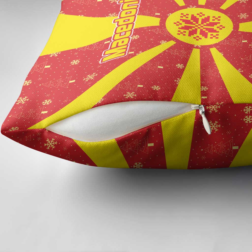 Macedonia Christmas Pillow Cover with Yellow Sun, Santa, and Festive Tree Motif - Wonder Print Shop