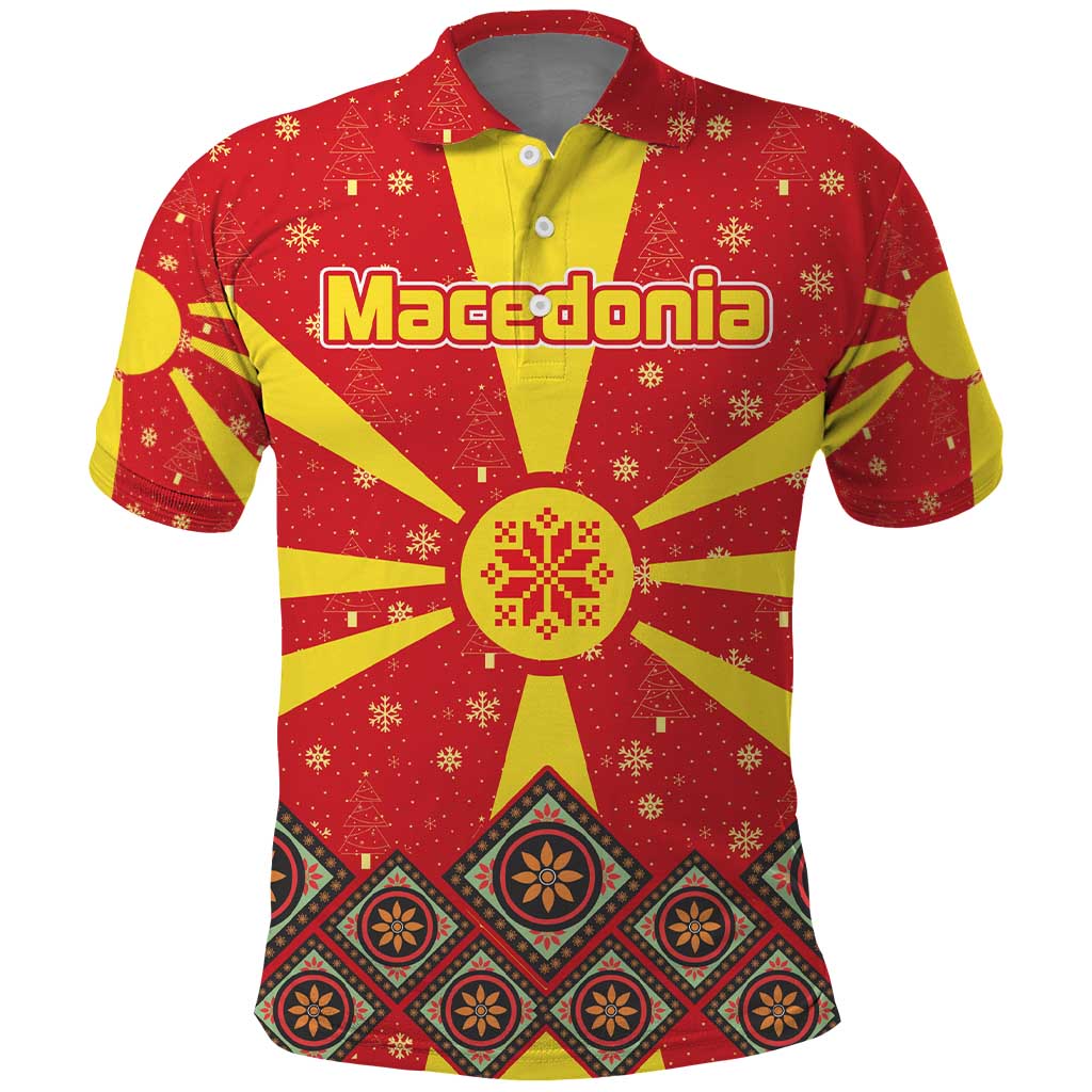 Macedonia Christmas Polo Shirt with Yellow Sun, Santa, and Festive Tree Motif - Wonder Print Shop