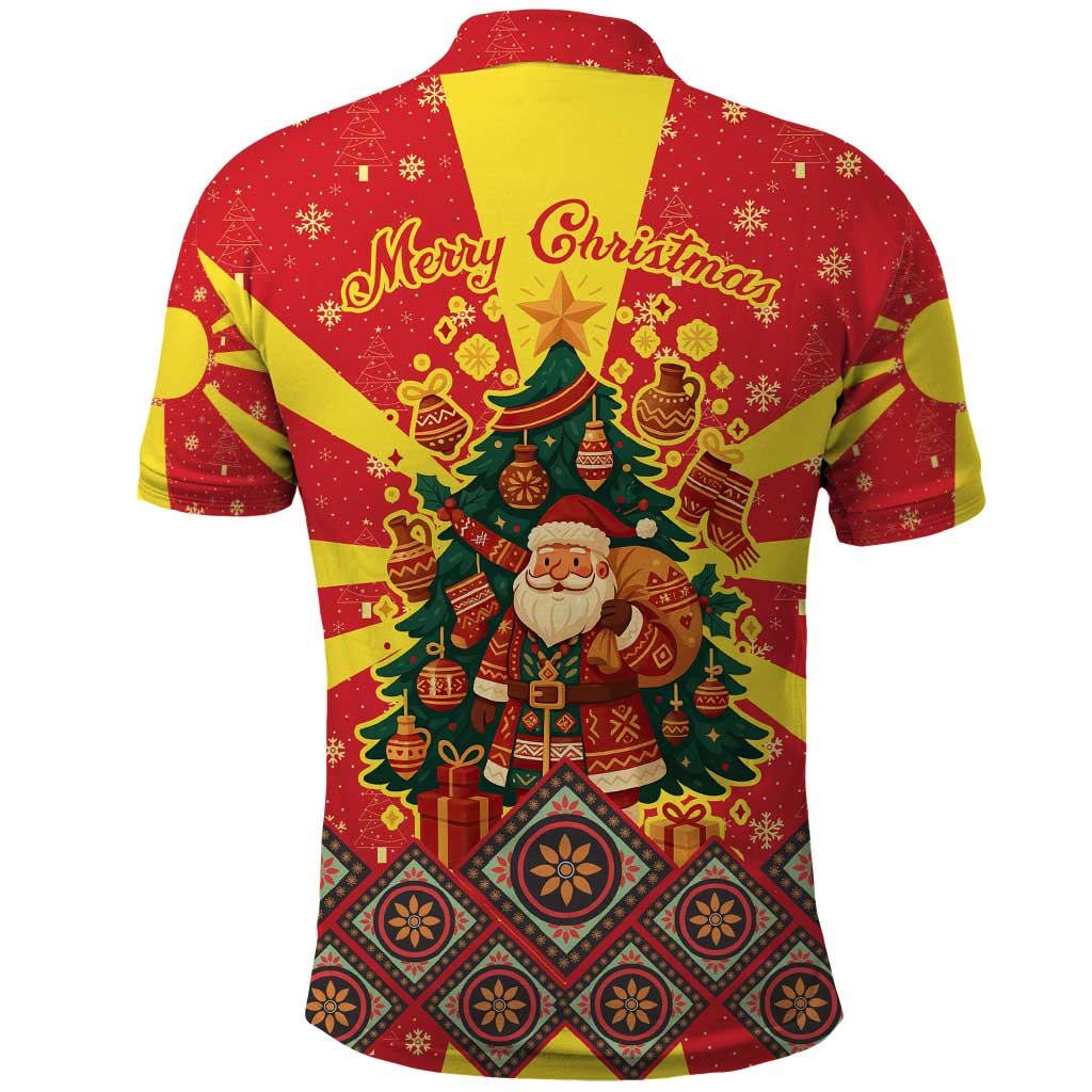Macedonia Christmas Polo Shirt with Yellow Sun, Santa, and Festive Tree Motif - Wonder Print Shop