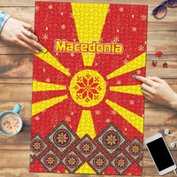 Macedonia Christmas Puzzle with Yellow Sun, Santa, and Festive Tree Motif - Wonder Print Shop