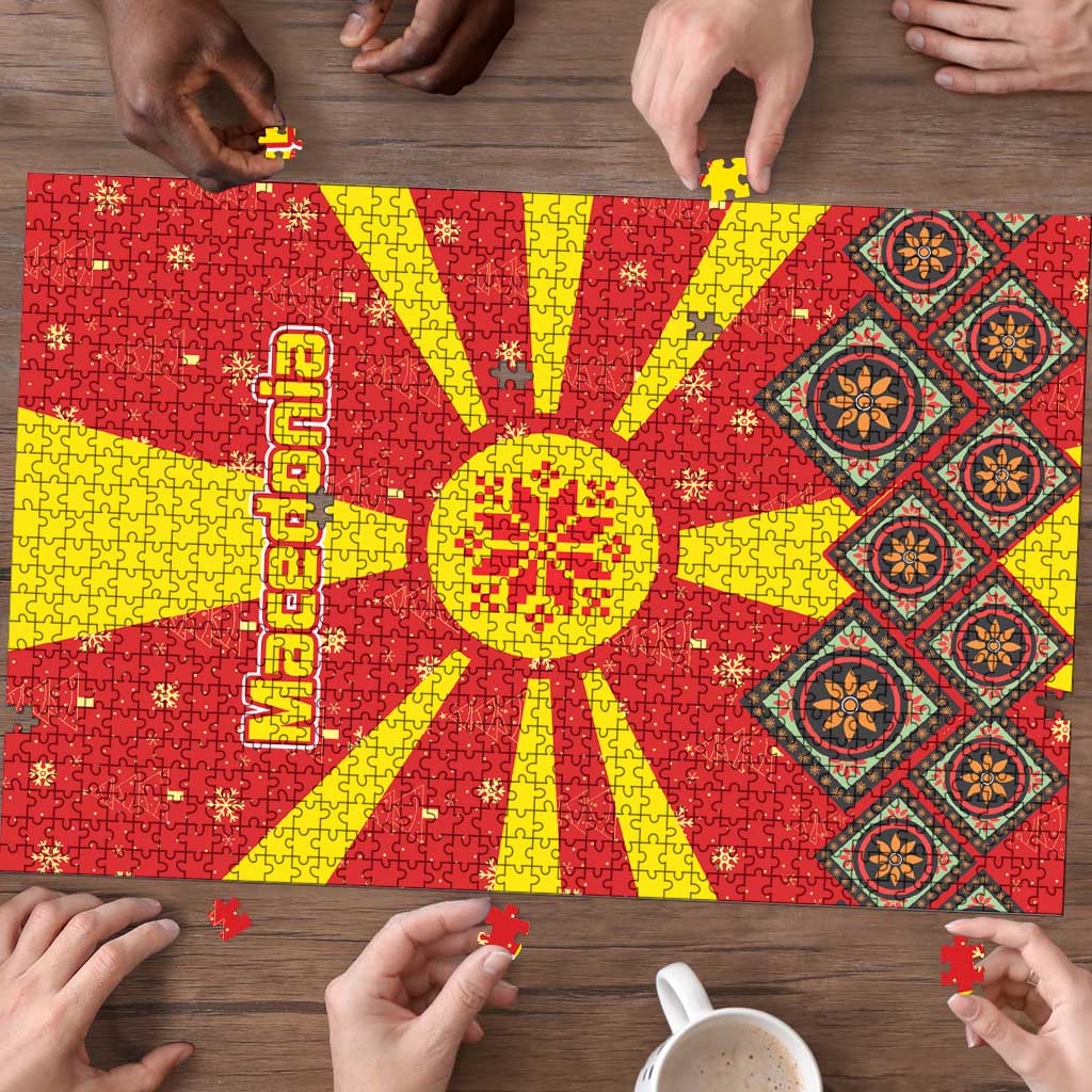 Macedonia Christmas Puzzle with Yellow Sun, Santa, and Festive Tree Motif - Wonder Print Shop