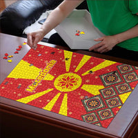 Macedonia Christmas Puzzle with Yellow Sun, Santa, and Festive Tree Motif - Wonder Print Shop