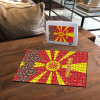 Macedonia Christmas Puzzle with Yellow Sun, Santa, and Festive Tree Motif - Wonder Print Shop
