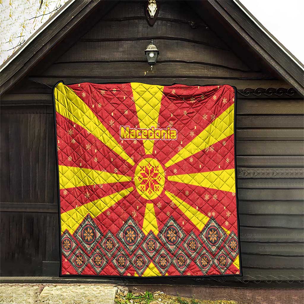 Macedonia Christmas Quilt with Yellow Sun, Santa, and Festive Tree Motif - Wonder Print Shop