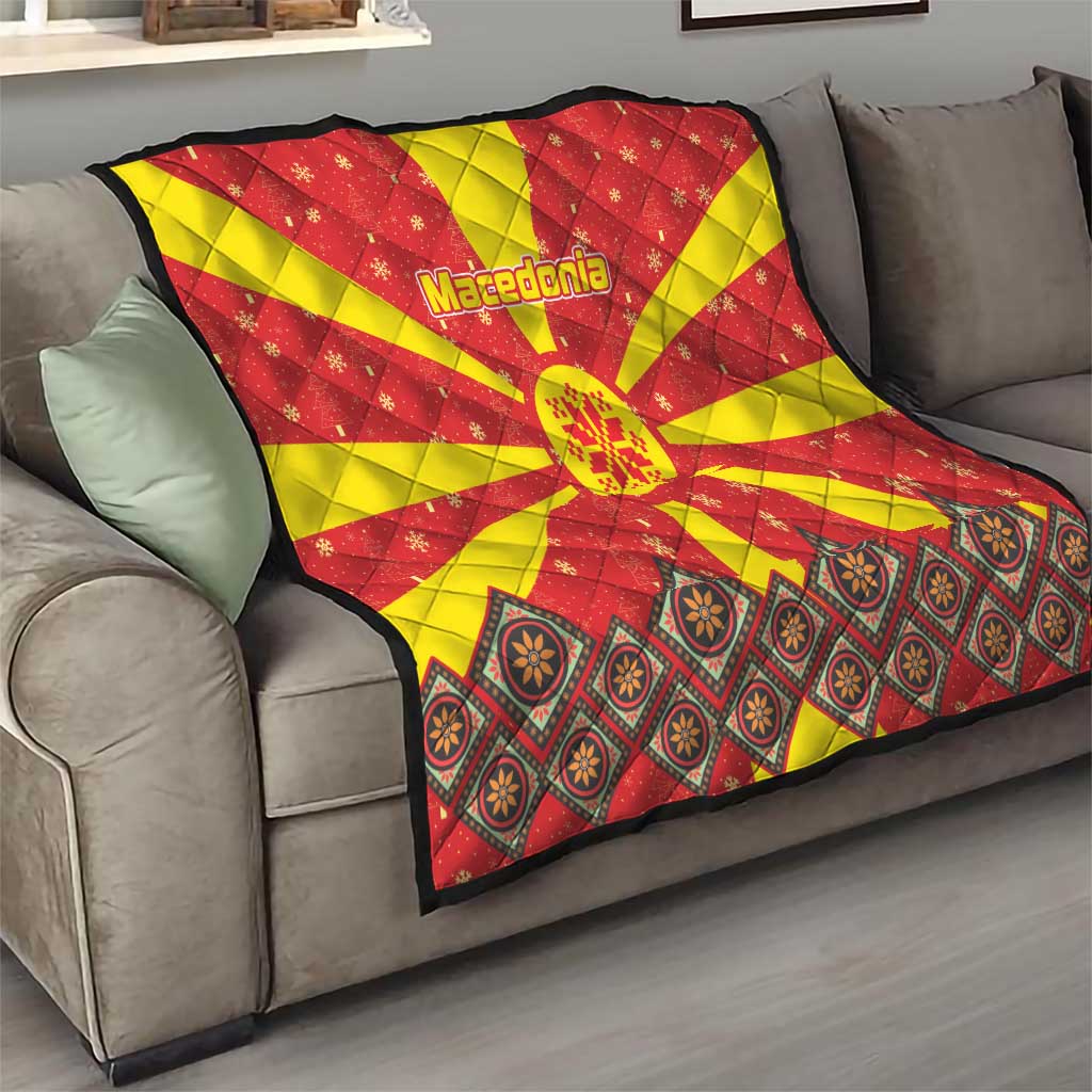 Macedonia Christmas Quilt with Yellow Sun, Santa, and Festive Tree Motif - Wonder Print Shop