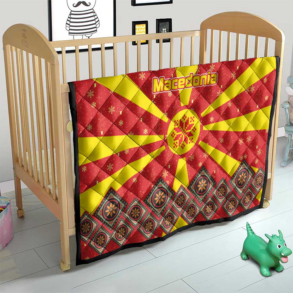 Macedonia Christmas Quilt with Yellow Sun, Santa, and Festive Tree Motif - Wonder Print Shop