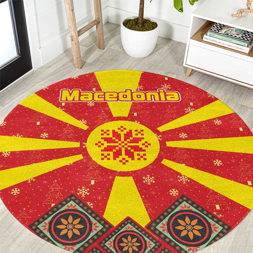 Macedonia Christmas Round Carpet with Yellow Sun, Santa, and Festive Tree Motif - Wonder Print Shop