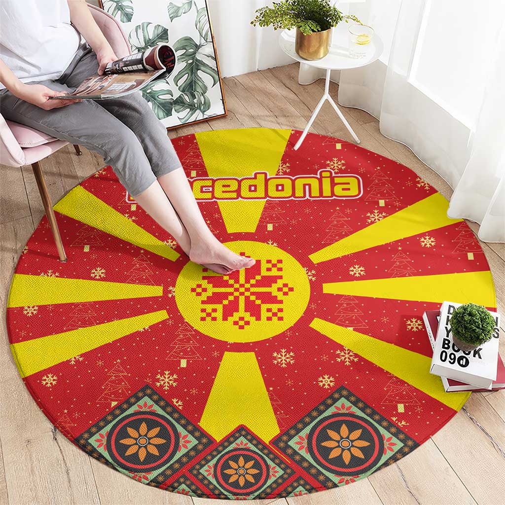 Macedonia Christmas Round Carpet with Yellow Sun, Santa, and Festive Tree Motif - Wonder Print Shop