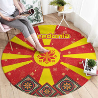 Macedonia Christmas Round Carpet with Yellow Sun, Santa, and Festive Tree Motif - Wonder Print Shop