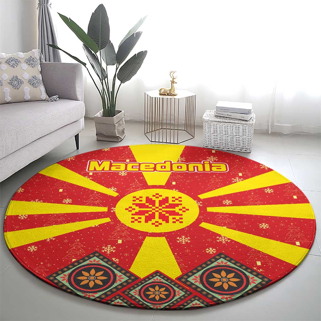 Macedonia Christmas Round Carpet with Yellow Sun, Santa, and Festive Tree Motif - Wonder Print Shop